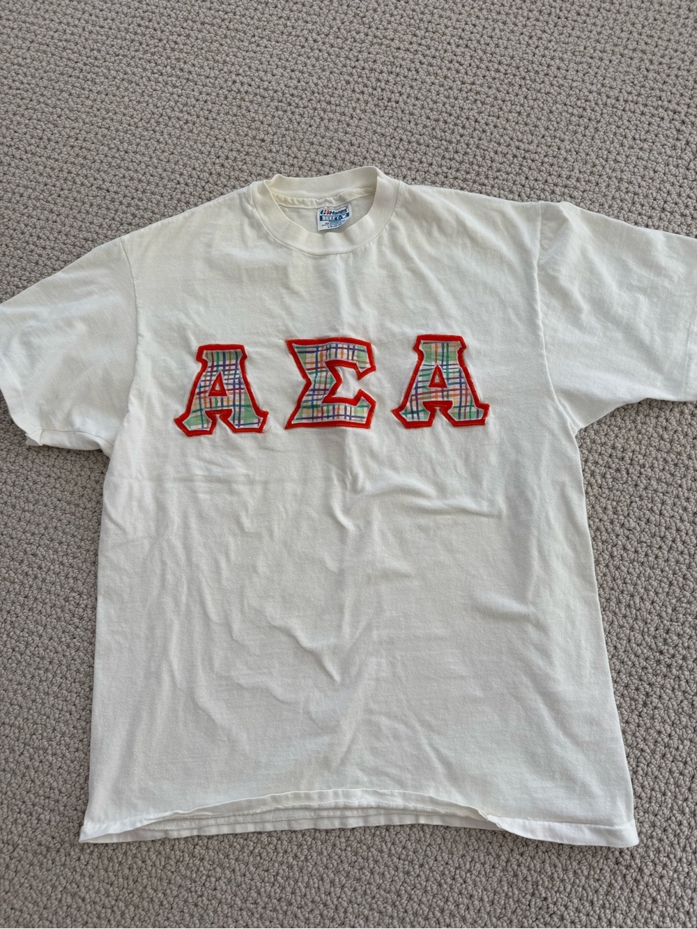 Vintage Alpa Sigma Alpha White T-Shirt with Orange Plaid Greek Letters